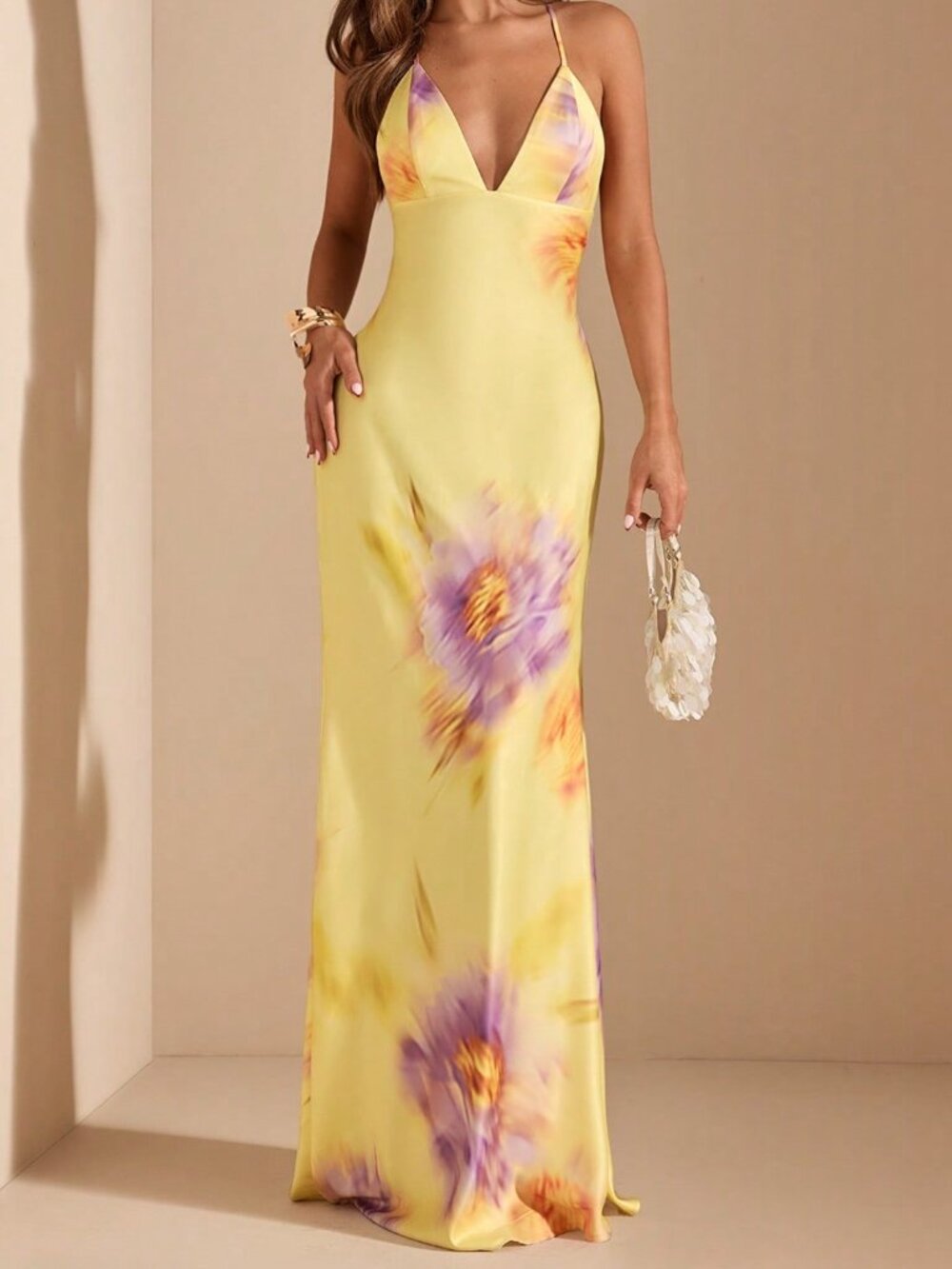Light Yellow Floral Women's Deep V-Neck Backless Bodycon Mermaid Beach Dress